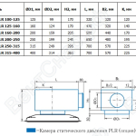 Габаритные размеры диффузоров 1DLRE, 2DLRE с камерами статического давления PLR
